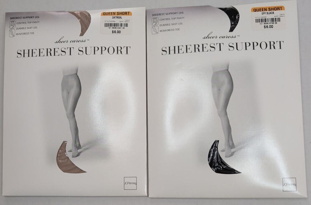2 Sheer Caress Sheerest Support Control Top Pantyhose Queen Short Oatmeal &Black